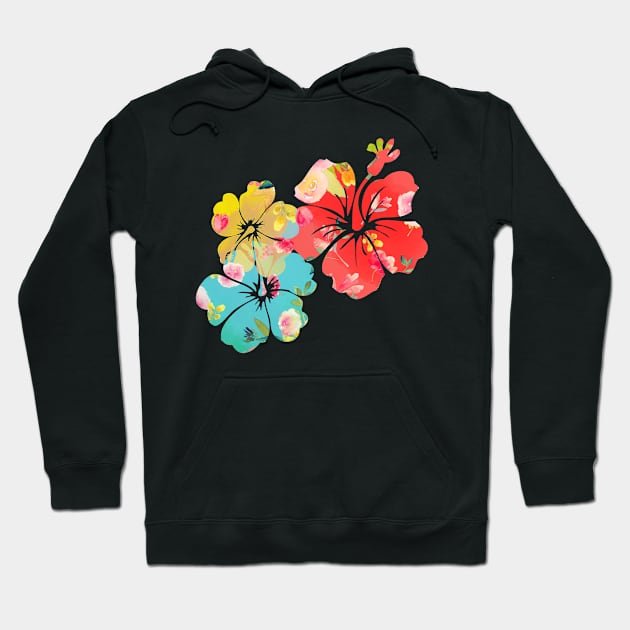 PixDezines Hibiscus in Coral Orange, Yellow+Aqua Hoodie by PixDezines